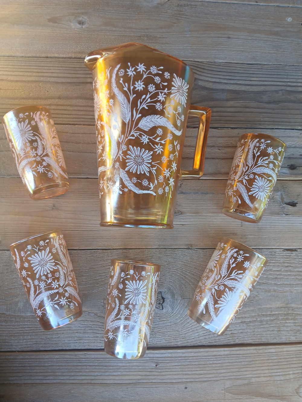Jeannette Glass Cosmos Late Sunflower Marigold Carnival Pitcher and Glasses Set